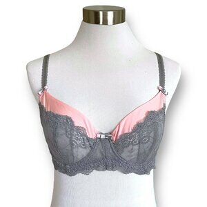 Felina 36C Bra Gray Pink Lace Unlined SheerDemi Cup Underwire  Bow F5089